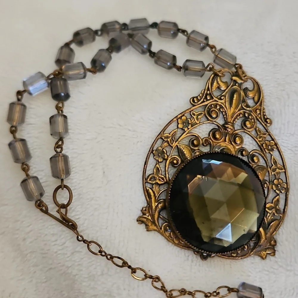 Antique Floral Repousse Czech Crystal Pendant Beaded Choker Necklace
